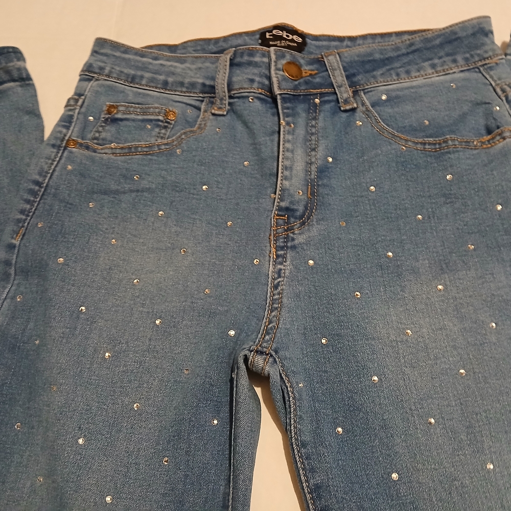 Bebe Woman's Straight Leg Mid Rise Jeans Rhinestone Size 27 Blue Denim Jeans #5A - Picture 3 of 16